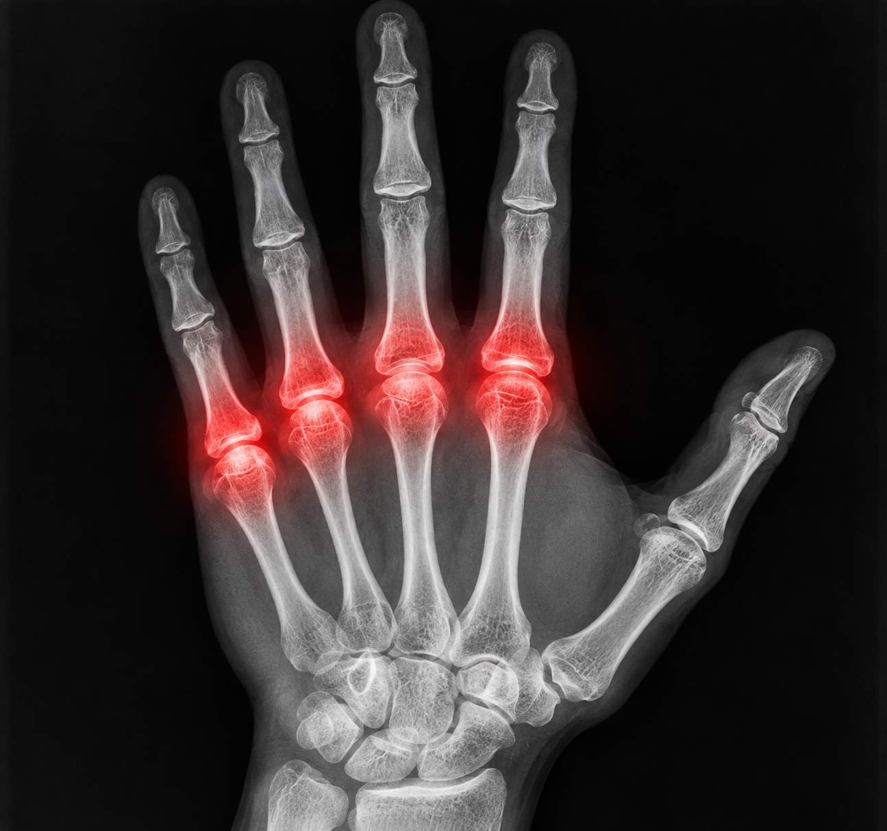 Hand X-ray with red glow around the knuckles